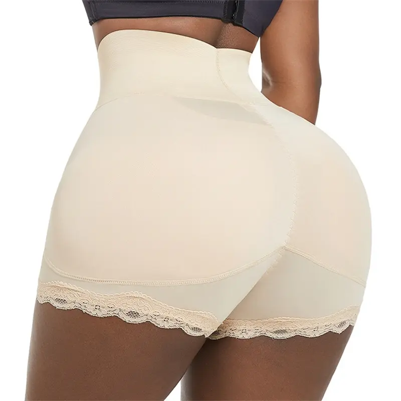 Padded Butt Lifter Shapewear Shorts for Women, Minimalist High Waist Polyester Boyshorts with Lace Trim for a Smooth BBL Effect, Plus Size, Shapewear Bbl Effect, Lightweight, Print, Racerback, Casual, Basic, Boy Shorts, Pull-On, Moisture-Wick, Lacy, Contr