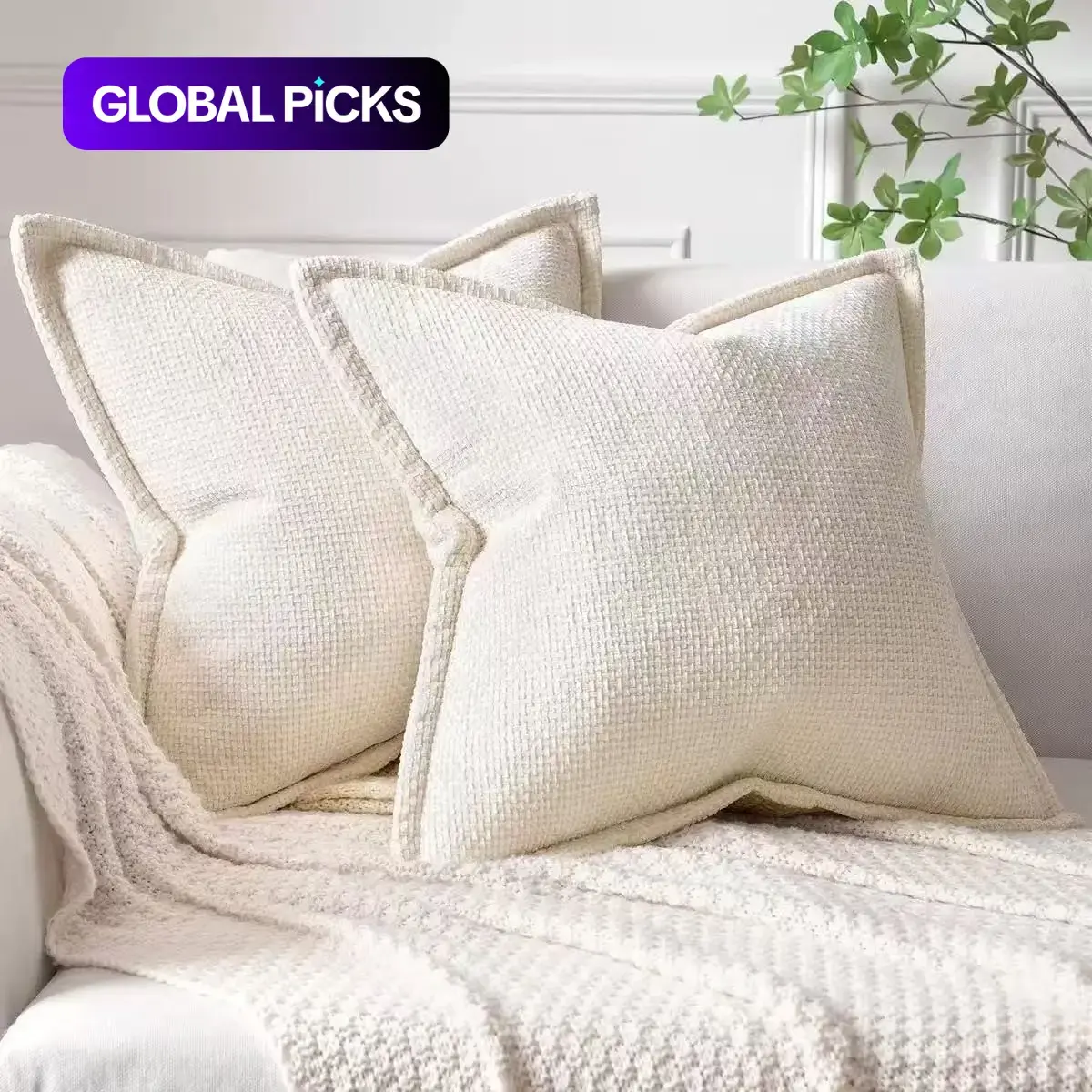 2-Piece Neutral Modern Decorative 18x18 Inches Pillow Covers, Super Soft Chenille Crinkled Texture, Zipper Polyester Square Machine Washable Cushion Slipcover, for Living Rooms, Farmhouses & Medieval Modern Home Decor #GLOBAL PICKS