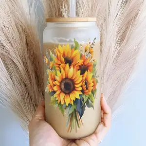 Sunflower Bouquet 2D Design 16oz Glass Water Cup with Lid and Straw, Reusable High-Quality Glass Mug for Ice Coffee Beer Juice Milk