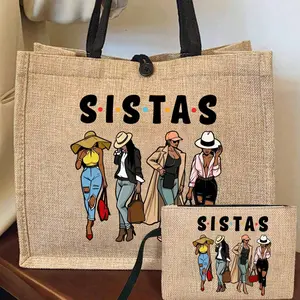 Fashion Women's Printed Handbag Set, Gift for Sister, Lightweight Canvas Shopping Bag, Portable Travel Beach Bag with Makeup Bag