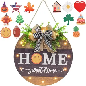 Interchangeable Welcome Sign for Front Door with 14 Changeable Icons, Farmhouse Front Porch Decor Rustic Wooden Wall Sign with 12 LED Lights, Outdoor Seasonal Welcome Home Decorations