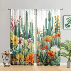 Cactus Pattern Door Curtain, 2 Counts/set Tropical Garden Plant Aesthetic Printed Curtain, Home Decorative Curtain for Bedroom, Living Room, Study Room, Bathroom, Kitchen