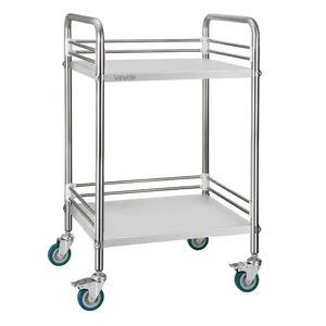 VEVOR Stainless Steel Cart, 2-Tier Rolling Lab Utility Cart with Lockable Wheels, Medical Serving Trolley Clinic Tray, Heavy Duty Mobile Service Storage Tray for Hospital, Restaurant, Kitchen, Salon