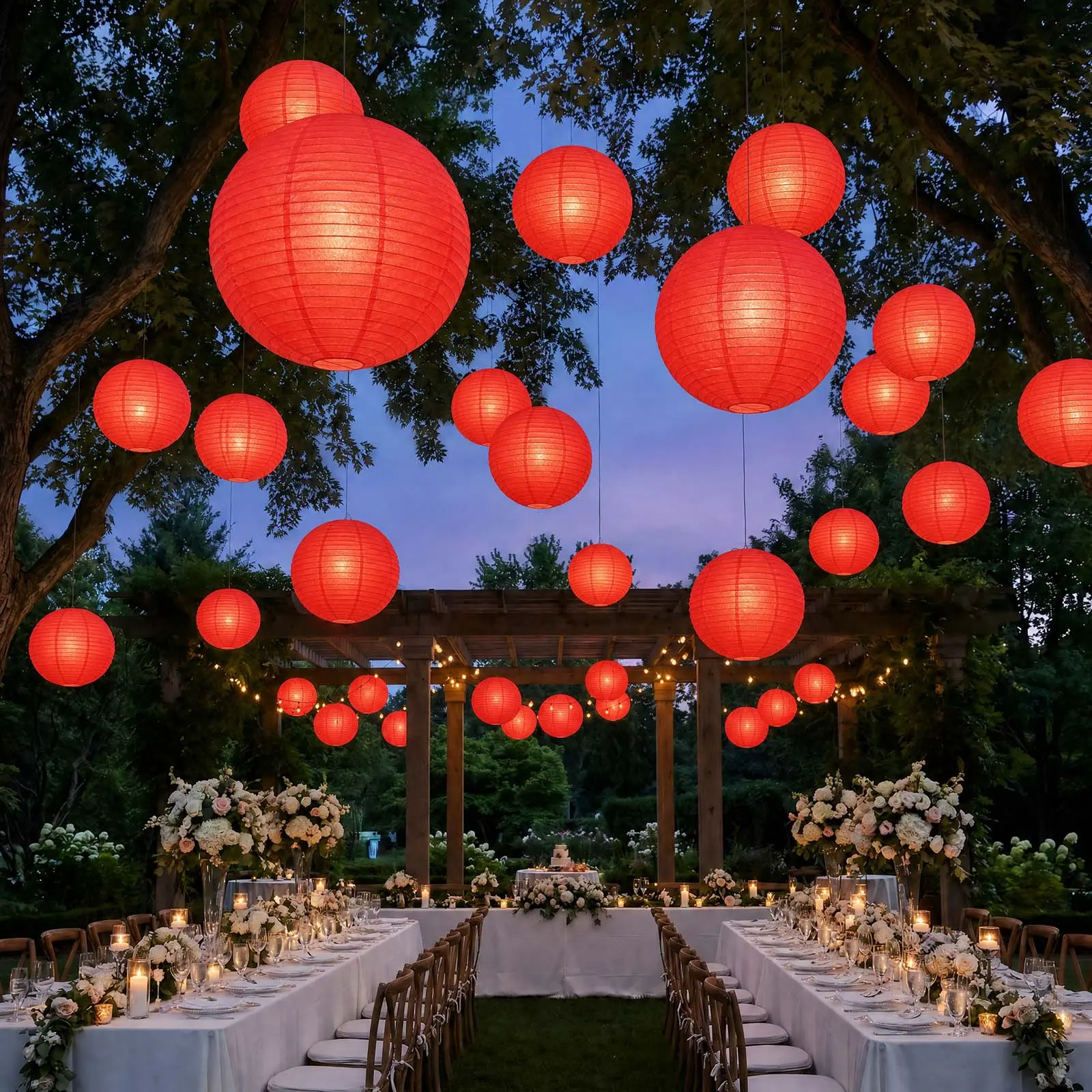 10-Pack 30in Red Round Hanging Paper Sky Lanterns, Chinese Festive Decor for Wedding Decorations & Party Events