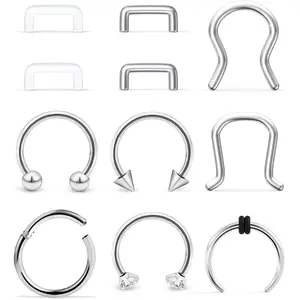 11Pcs 14G Septum Jewelry Surgical Steel Nose Septum Rings Piercing Jewelry Retainer Horseshoe Vertical Labret Lip Hoop Ring for Women Men 10mm 3/8 Inch