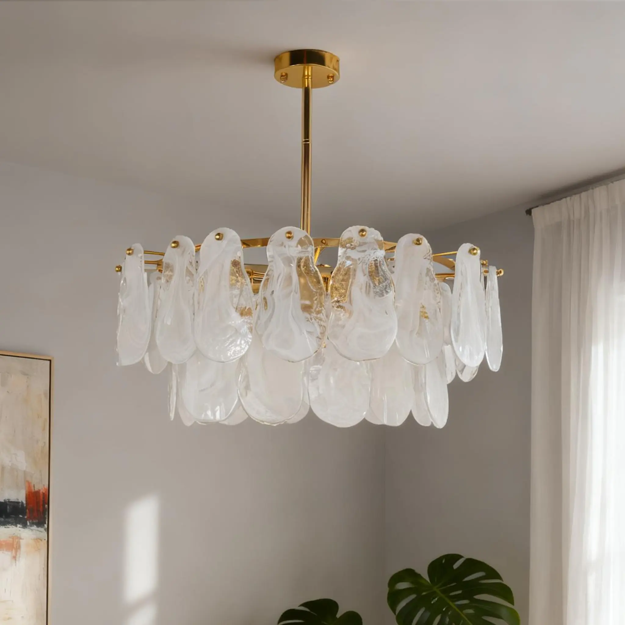 Modern Double-Tier Gourd Glass Chandelier, 6-Light Gold Pendant Light with E14 Base, Contemporary Glass Ceiling Light for Dining Room, Living Room & Kitchen
