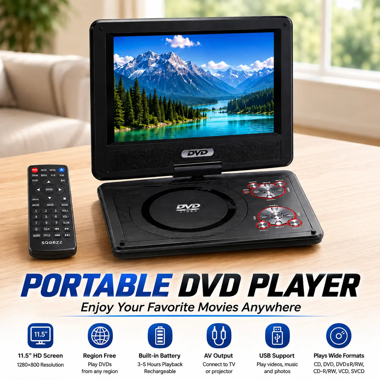 Portable DVD Player - 11.5" Device with 9.5" Swivel Screen, 5-Hour Rechargeable Battery, US Plug AC Charger, Multi-Format Playback, Region-Free, Dual Speakers, Foldable Car Headrest Mount, Audio, CD/SD Card/USB Support, Home Use, Stereo.Digital