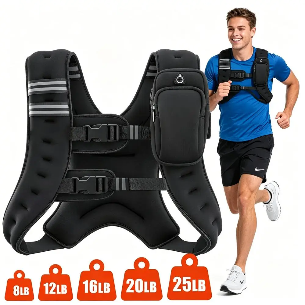 Weighted Vest, 8 lb/12 lb/16 lb/20 lb/25 lb durable rucking vest with adjustable shoulder and waist buckles, reflective tape for gym running workouts
