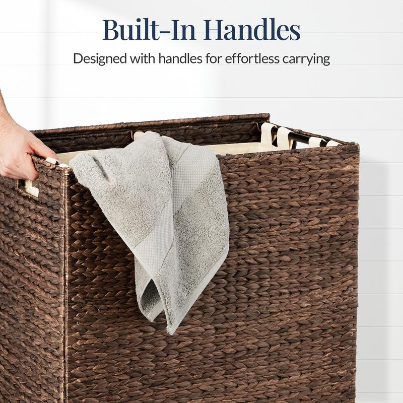 Best Choice Products Large Natural Water Hyacinth Double Laundry Hamper Basket w/ 2 Liner Bags, Handles