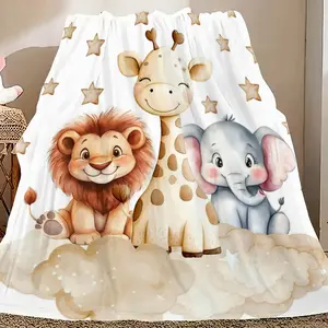 1pc Digital Printed Giraffe, Lion, and Elephant Pattern Cloud Star Sky Flannel Blanket - Soft, Comfortable, Tear-Resistant, Suitable for Sofa, Bed, Nap, Outdoor, or Travel Use - Ideal for Thanksgiving, Christmas, Birthday Gifts G