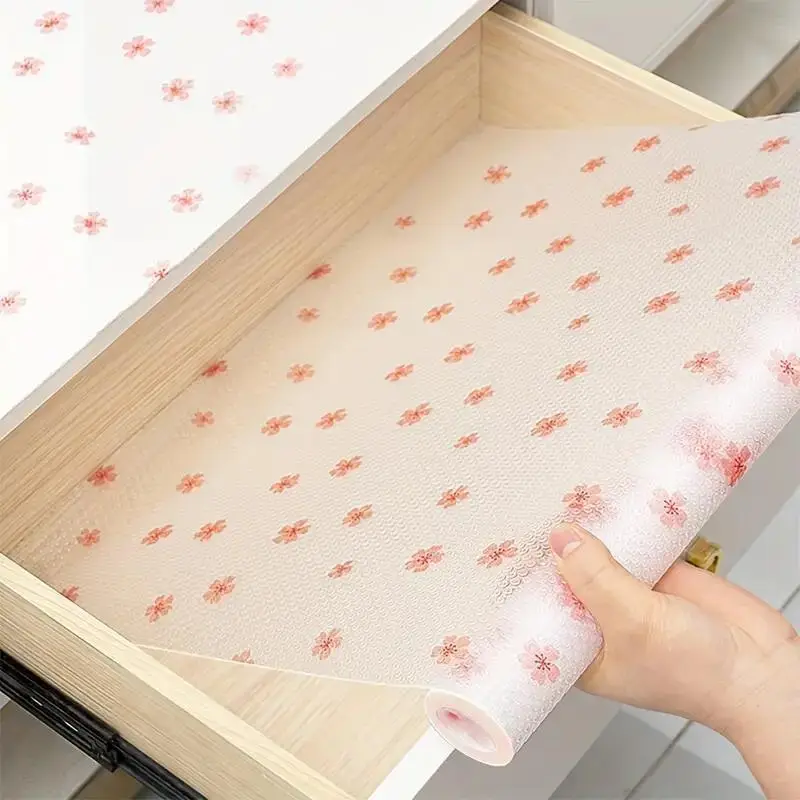 Cute Cherry Blossom Pattern Drawer Mat, 1 Roll Washable Non-slip Refrigerator Liner, Easy To Cut, Waterproof Oil-proof & Stain-proof Drawer Mat for Ho