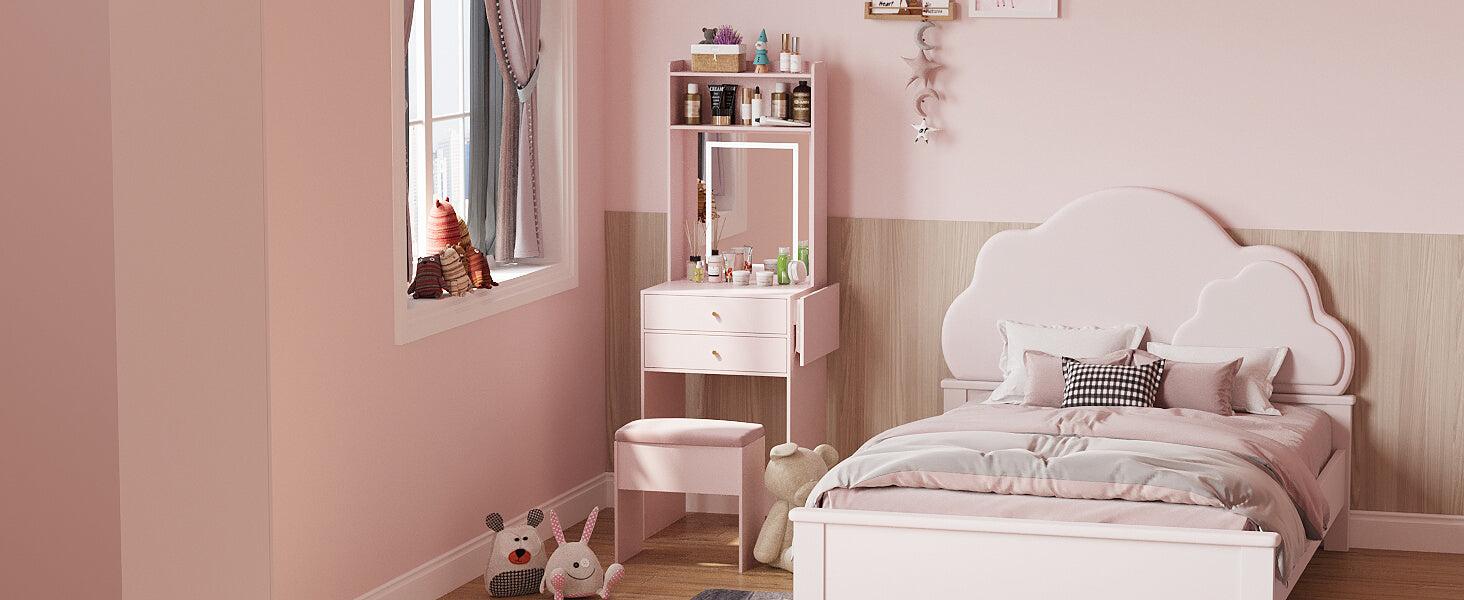 Small Vanity Desk Set with 3 Adjustable Lighted Mirror and Storage Chair IF018,  MDF panels