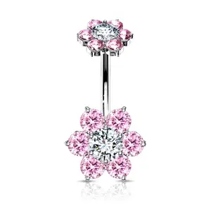 Double 7 CZ Internally Threaded Pink Flower Belly Button Ring