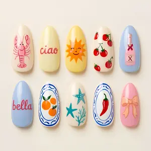 Italian Summer Press On Nails, Tomato Citrus Nail Art, Cute Mediterranean Nails, Coastal European Nails