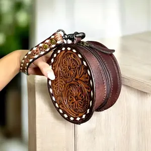 Genuine Leather Tooled Wristlet with Floral Embossing and Zipper Closure for Everyday Use