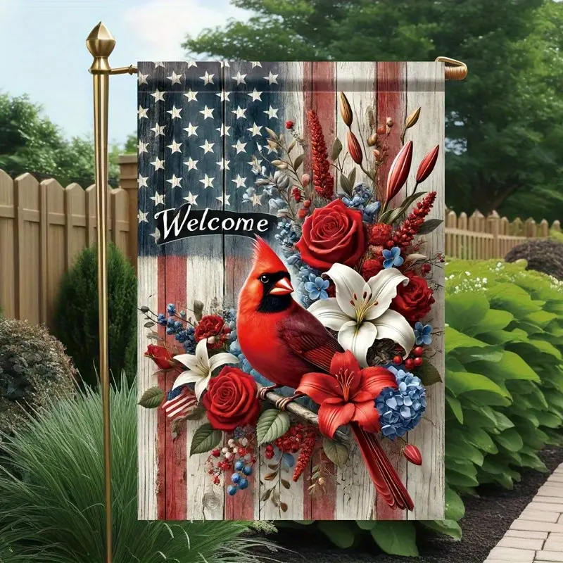 Patriotic Welcome Garden Flag - 12x18in, Double-Side Vibrant Red Cardinal & American Flag Design, Durable Linen Fabric Outdoor Decor, Backyard & Front Yard Decor, No Pole Included