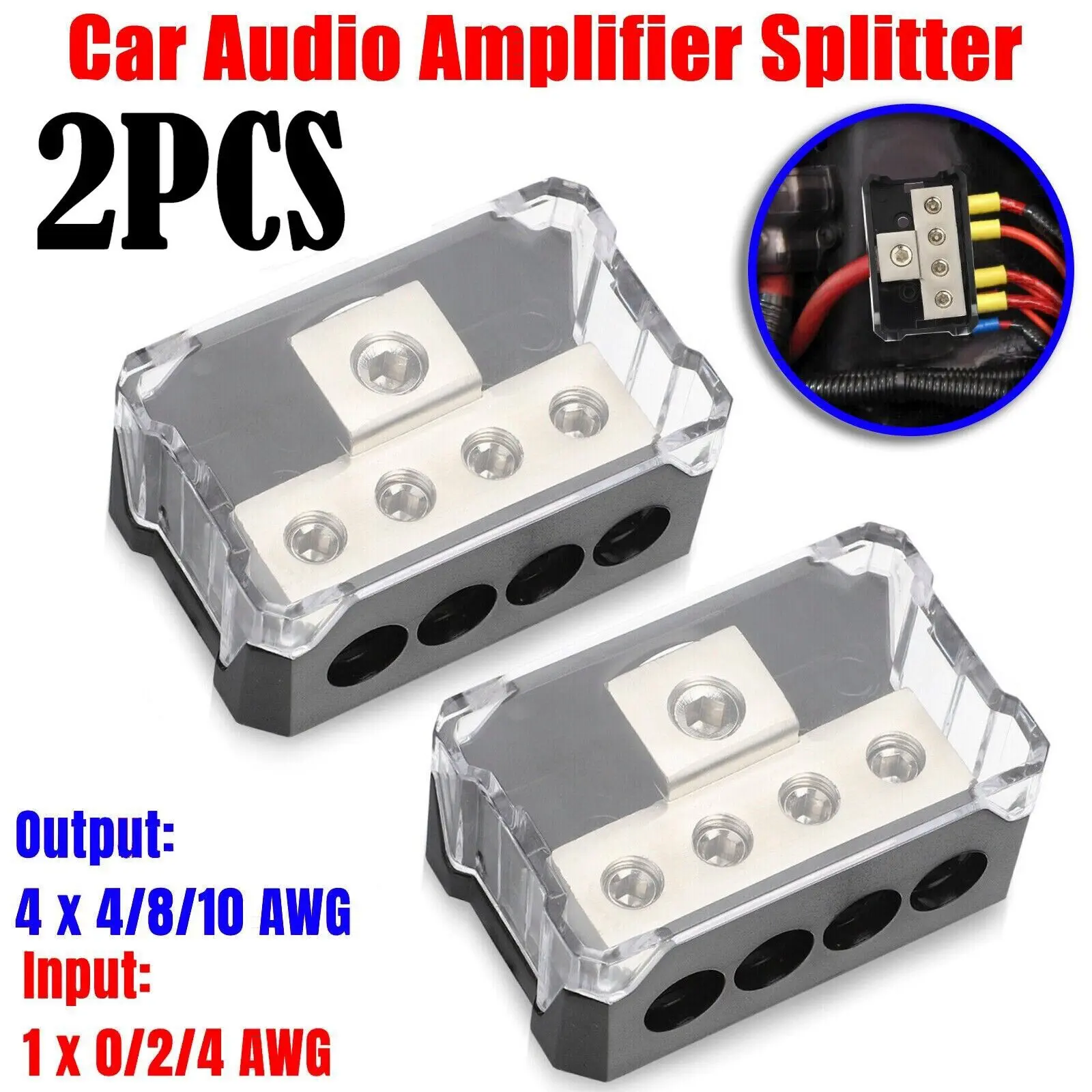 CarTok DIY Setup 2-Piece Amp Distribution Block 4-Way Power Ground Splitter 0/2/4 In 4/8/10 AWG Out Auto Subwoofer Wiring Cable Marine Truck