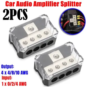 CarTok DIY Setup 2-Piece Amp Distribution Block 4-Way Power Ground Splitter 0/2/4 In 4/8/10 AWG Out Auto Subwoofer Wiring Cable Marine Truck
