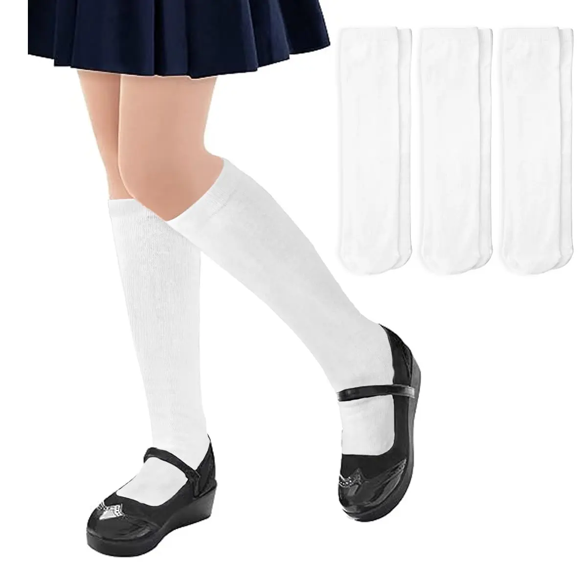 TPHON Kids' Pure Cotton Knee-High Socks, 3-Pair Solid Colors School Uniform Dress Long Tube Socks for 1-14 Years Girls (Fits Boys & Toddlers, Thigh-High Option)