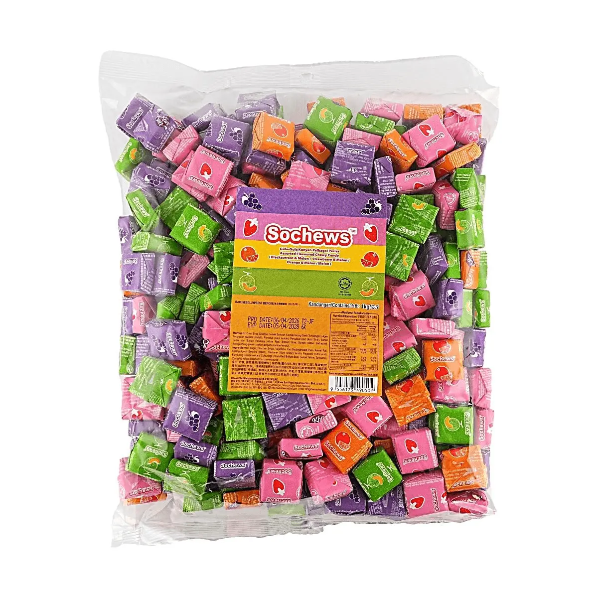 SOCHEWS Assorted Fruit Flavored Gummy Candy - 1kg Share Pack, Malaysian Delicacy, Soft Chewy Fruit Bites