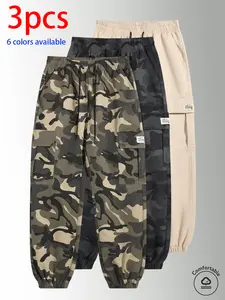 3-pack men’s long pants: men’s camouflage cargo jogger pants, loose slim fit multi-pocket casual pants with elastic drawstring design, available in multiple colors, suitable for everyday wear, holiday travel, and outdoor hiking.