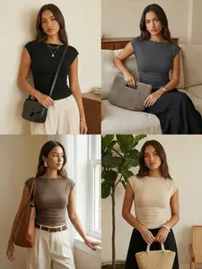 Women's 4 Piece Set Sexy One Shoulder Short Sleeve Slim Fit Ruched Top, Waist Show off Basic T-Shirt, Casual Minimalist Daily Wear