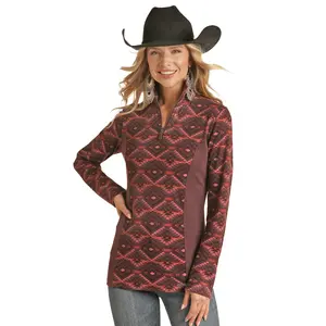 Powder River Ladies Burgundy Aztec Knit Henley Pullover PRWO91RZXR-62