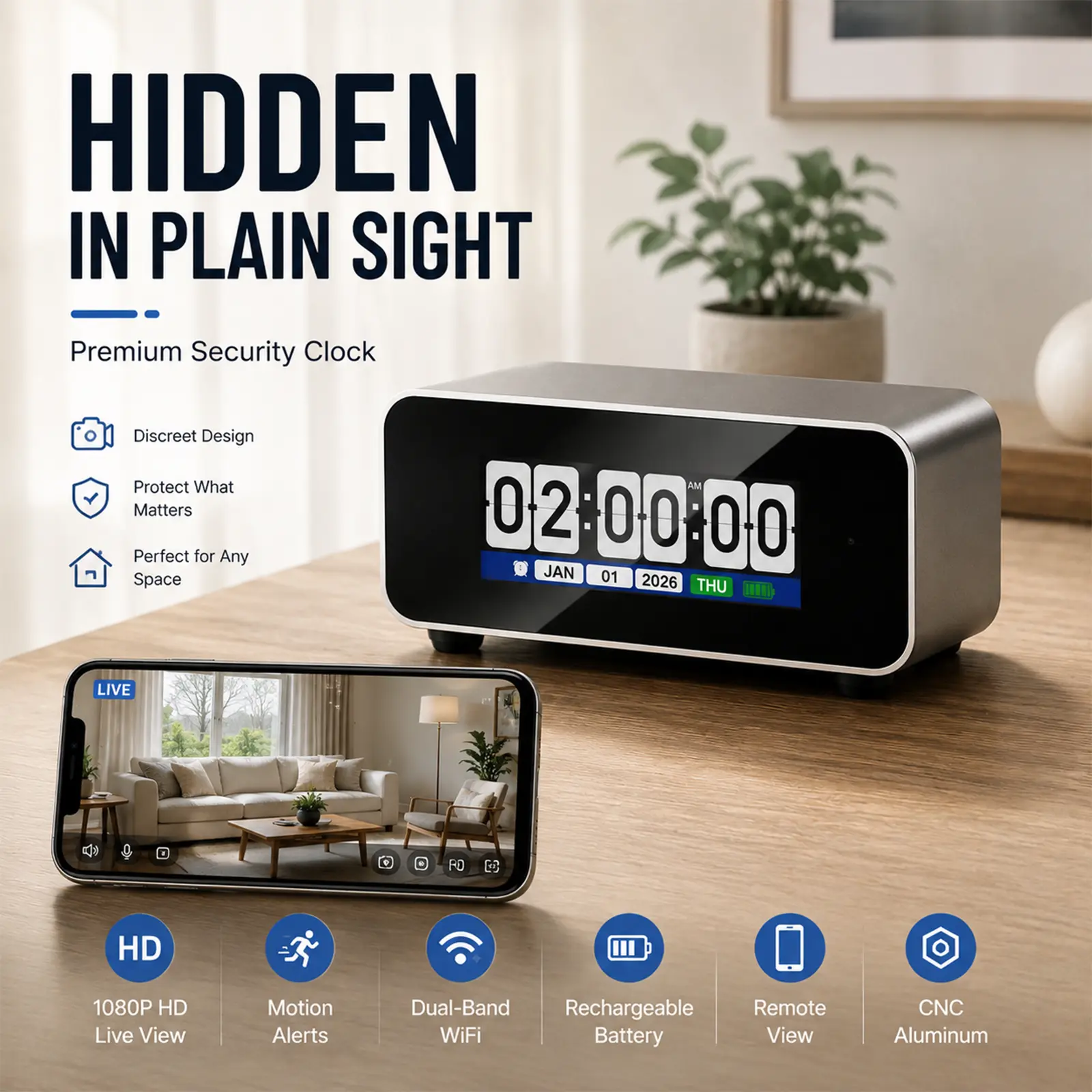 Hidden Camera Spy Clock - 1080P HD Wireless Security Camera with Live View, Rechargeable Battery, Motion Alerts, Remote App Control for Home Defense Nanny