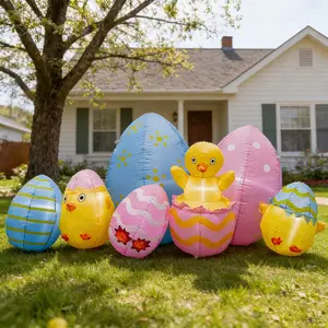 Easter Inflatable Egg Decorations Set, Includes 7 Colorful Eggs & 1 Hatching Chick, Perfect Easter Party Supplies, 8ft Long