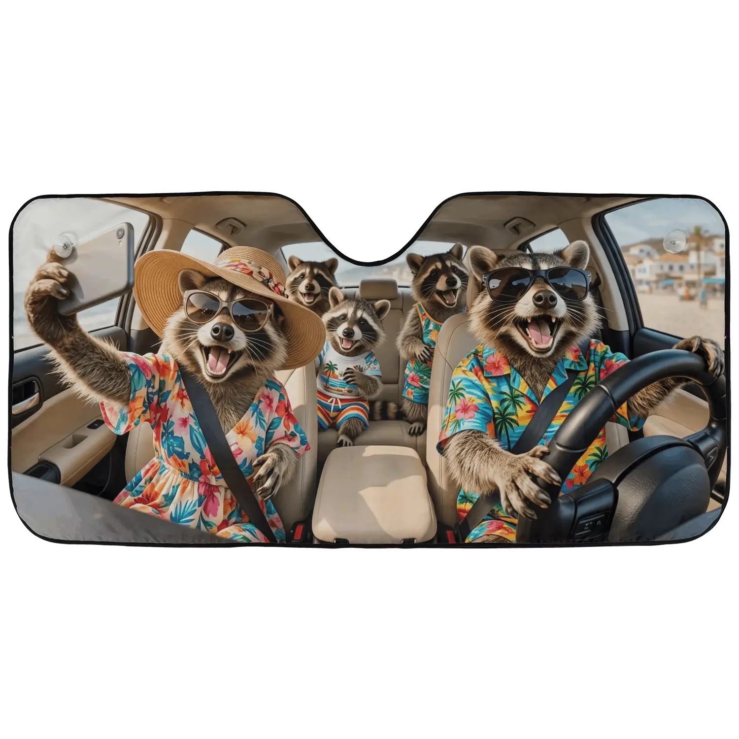 Funny Raccoon Vacation Car Sunshade - Tropical Beach Selfie Windshield Cover, Cute Animal Auto Sun Shade, Summer Vehicle Front Window Decor