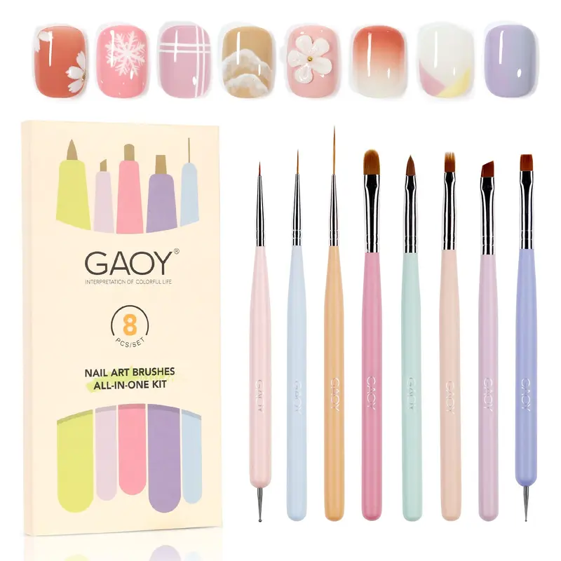 GAOY 8 Pcs Nail Art Brushes, Nail Art Design Pens, Liner & Polka Dot Tools | Detail Painting Nail Tools for Gel Nails, French Tips, Ombre Nails; Wood Handle