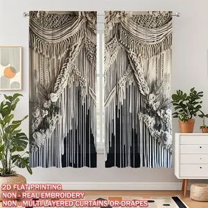 Boho Floral Curtain Set, Digital Print, Leaf & Fringe Design, Washable, Light Filtering, Privacy Protection, Vintage Home Decor, Home Decoration Curtain