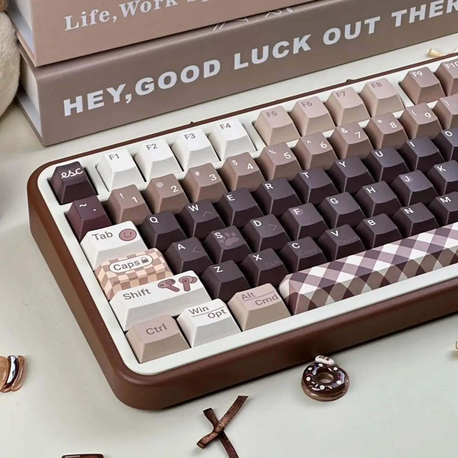 Cherry Profile PBT Keycap Set - Coffee-Themed Brown Keycaps, Dye-Sublimated Minimalist Custom Keycaps for Gateron Cherry MX Switch Mechanical Gaming Keyboards, 150-Key Cat Theme