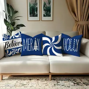 4pcs Blue Christmas Candy Print Pillow Covers, Sofa Living Room Festival Atmosphere Decorative Cushion Cases, No Core Included