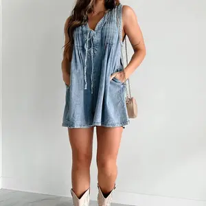 Women'sSummerDenimRompersWomen'sSleevelessCasualVNeckShortsDenimRomperTieFrontRuffleJeanShortOverallWithPocketsDenimOutfitShortJumpsuits2025CuteBeachFabricFashionWomenswearClassyDrawstringLightweight
