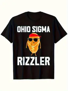 Ohio Sigma Rizzler Meme Graphic T-Shirt – Gen Z Viral Internet Potato Character with Dollar Sign Glasses Design, Black Casual Short Sleeve Tee with Greek Letter Ohio Sigma Print