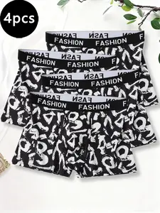 4-piece men's trendy printed boxer briefs, comfortable and breathable, with stylish color-blocked waistband
