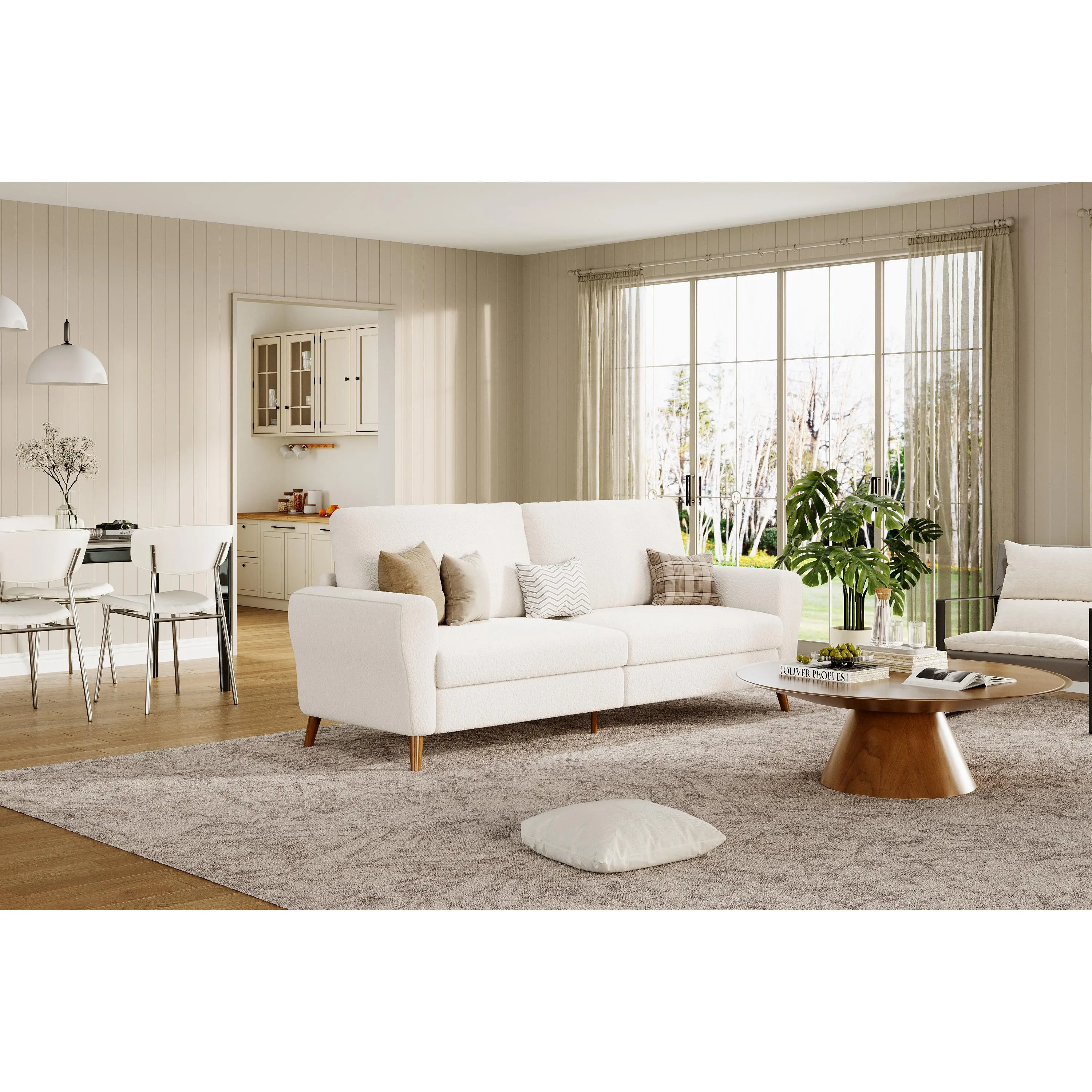 84in Midcentury Modern Bouclé 3-Seater Armrest Sofa, Upholstered Comfy Couch with Wide Armrests, Wooden Legs, Modern Small Space Furniture for Living Room, Bedroom