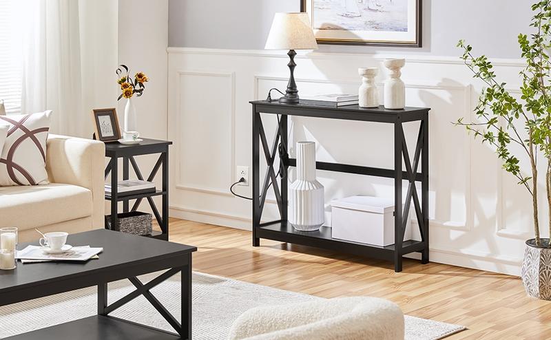 Yaheetech Console Table 2-Tier Sofa Table with Power Outlets & USB Ports, 32'' Height, Textured Solid Color, Assembly Required, Charging Station