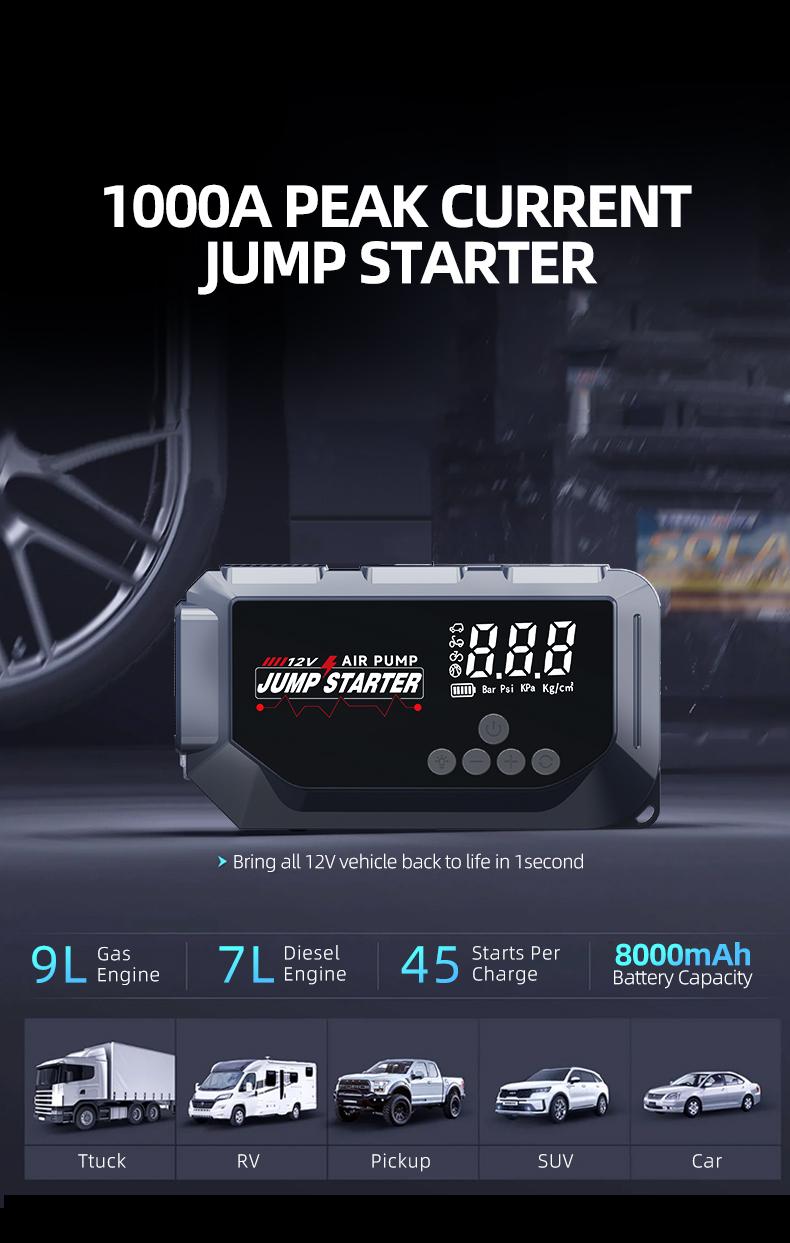 12V Portable Car Jump Starter 2000A Peak Emergency Battery Booster, Multifunction Power Bank with LED Light & Safe Protection, Universal Vehicle Jump Box for Roadside Assistance, Outdoor Camping and Daily Emergencies