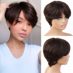 Unipearl Pixie Cut Wig Dark Brown Wigs Human Hair Wavy Wig Bob Cut Short Straight Wig with Bang None Lace Front Wigs 180% Density