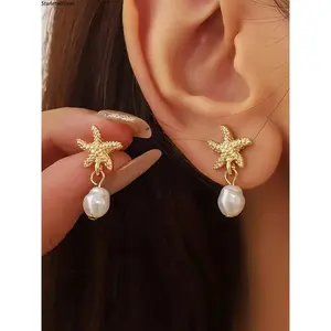 Trendy Starfish & Faux Pearl Dangle Earrings for Women, Exquisite Boho Beach Style Jewelry, Lightweight & Versatile Design, Perfect for Daily Wear, Parties & Birthday Gifting