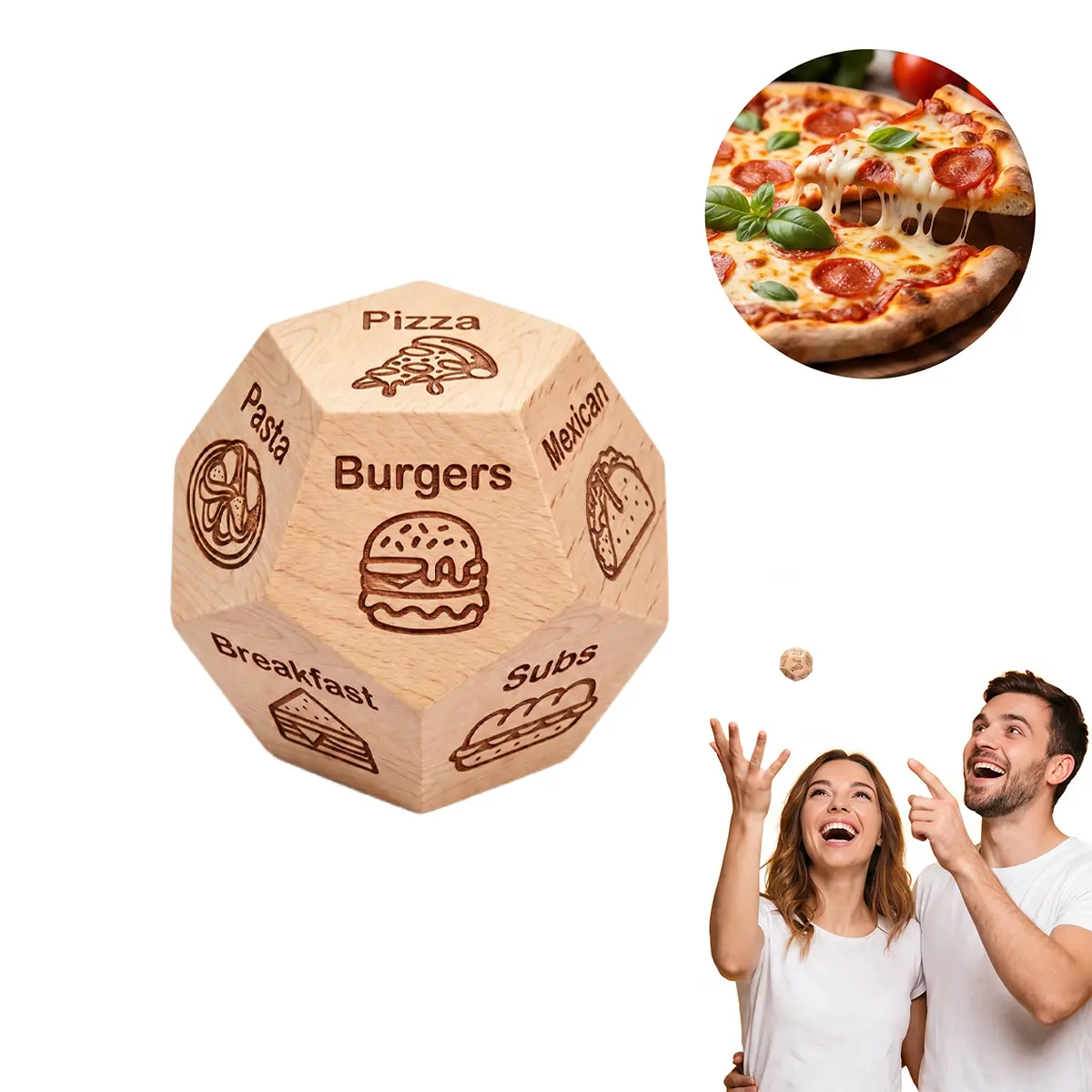 Hamburger Pizza Food Decision Dice for Couples Stocking Stuffers, Date Night Wooden Decision Dice with 12 Food Choices Christmas Anniversary Birthday Gifts for Men Women, Fathers Day Dad Gift, Date Night Dice and Party