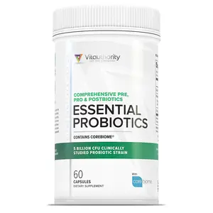 Essential Probiotics - Comprehensive Prebiotic Probiotic Postbiotics - 5 Billion CFU Clinically Studied Probiotic Strain - Contains Corebiome (60 Capsules) Edible Fitness