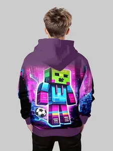 Pixel Art Cartoon Graphic Print Hoodie for Boys, Casual Streetwear, Game-Themed Design, Comfortable Fit, Perfect for Daily Wear & Outdoor Activities