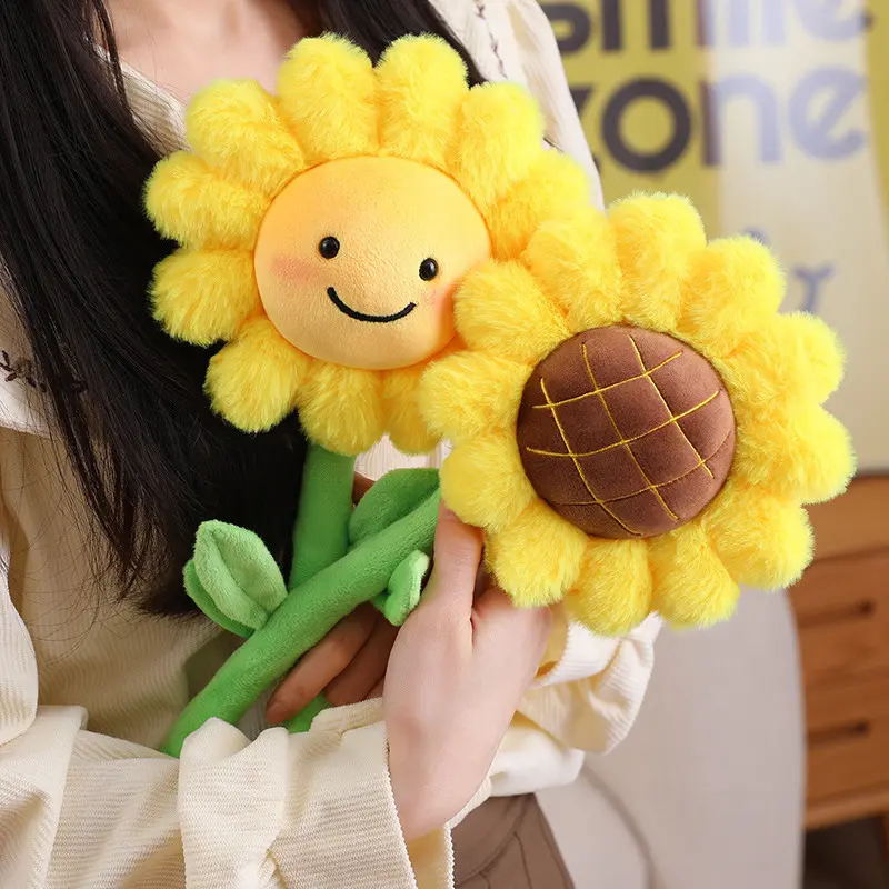 Cute Colorful Cartoon Sunflower Bouquet Stuffed Toy - Short PP Cotton Fluffy Mini Plush Artificial Doll with Mesh Bag, Unisex Plant-Themed Gift for Hobbies Enthusiasts