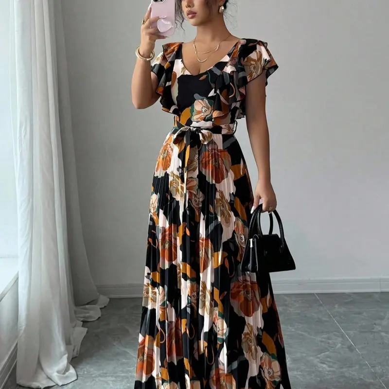 Elegant V-Neck Floral Digital Print Fitted A-Line Dress, Holiday Style Ruffle Waist, Romantic Women's Clothing, Perfect for Vacation, Bohemian Style Dresses, Boho Chic Style, Bohemian, Bohemian Aesthetic, Boho, Womenswear