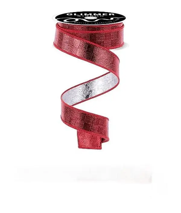 1" x 10yd Check/Water Dot Fused D'Lux Ribbon - Shiny Red/Shiny Silver