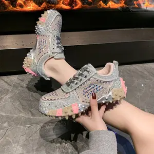 2025 Spring Women's Lace-Up Low-Top Sneakers - Rhinestone-Embellished Rubber Sole, Synthetic Cover Upper, Breathable Fabric Lining, All-Season Casual Shoes for Casual Attire & Light Sports, Embellished Footwear, Durable Traction Footwear