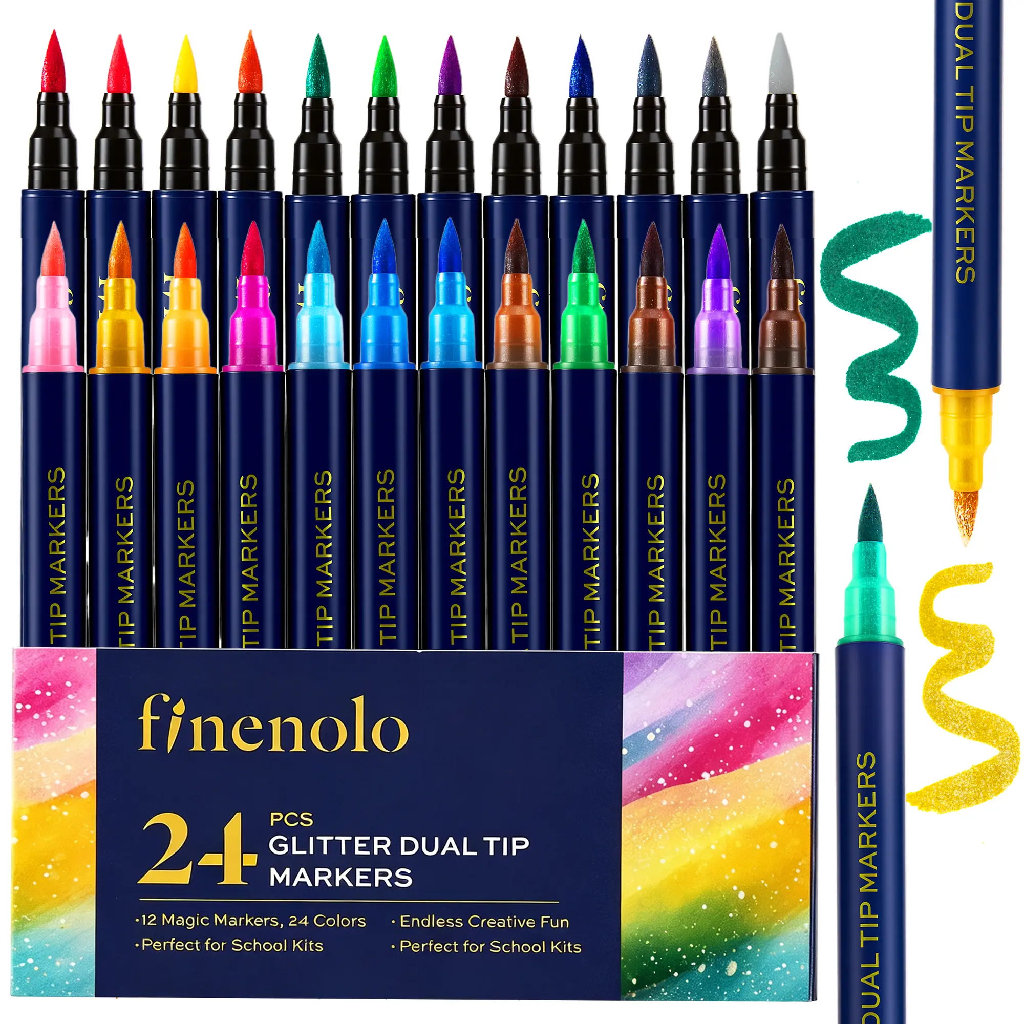 FINENOLO Two-Tone Shimmer Paint Pens, 24-48 Colors (12-24 Pack) Dual Color Glitter Markers - Flexible Brush Tips, Art Gift Set for Coloring, Scrapbooking, Journaling, Card Making, DIY Crafts